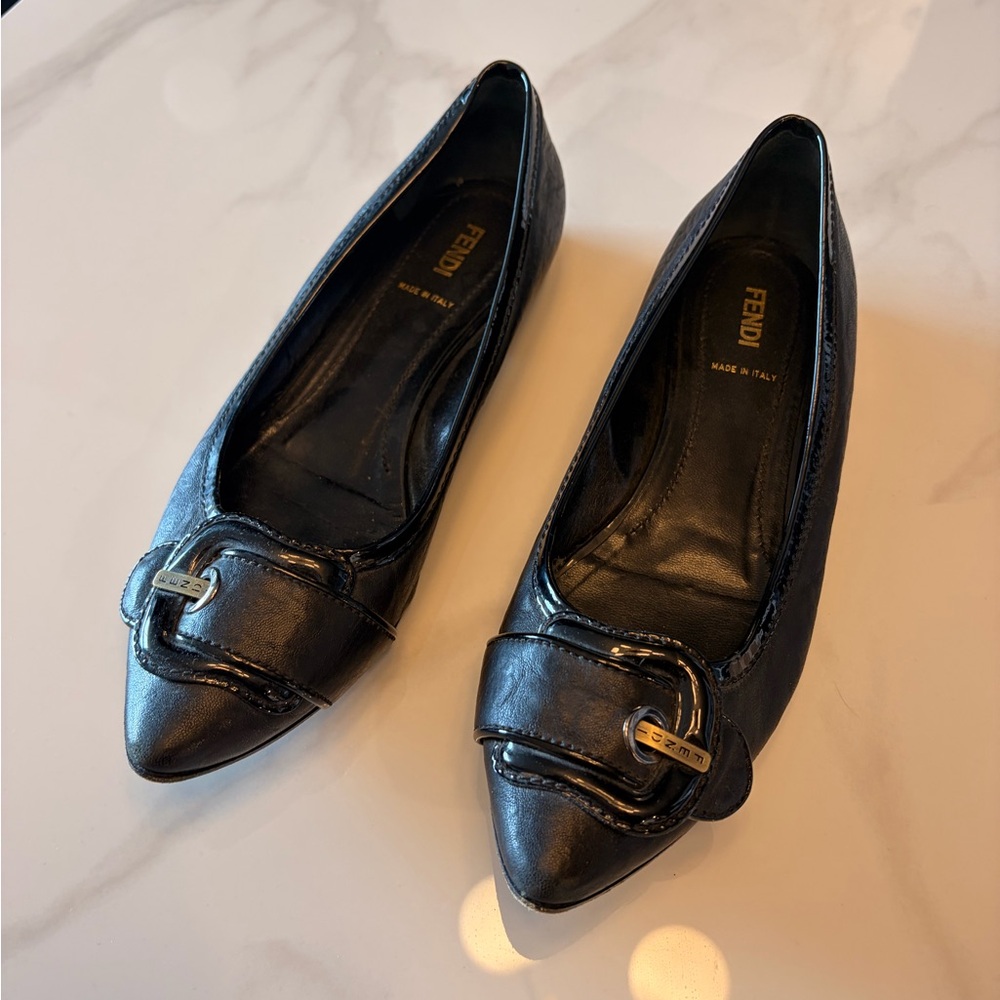 Fendi Black Leather Pointed Toe Loafers with Buckle